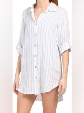 Rosemarie Made in Italy 100% Stripped Linen Swimsuit Cover Up Top Sz L